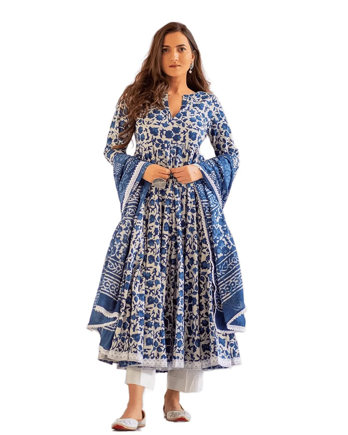 Alvami Women Printed Anarkali Kurta and Pant Set with Dupatta IN BLUE