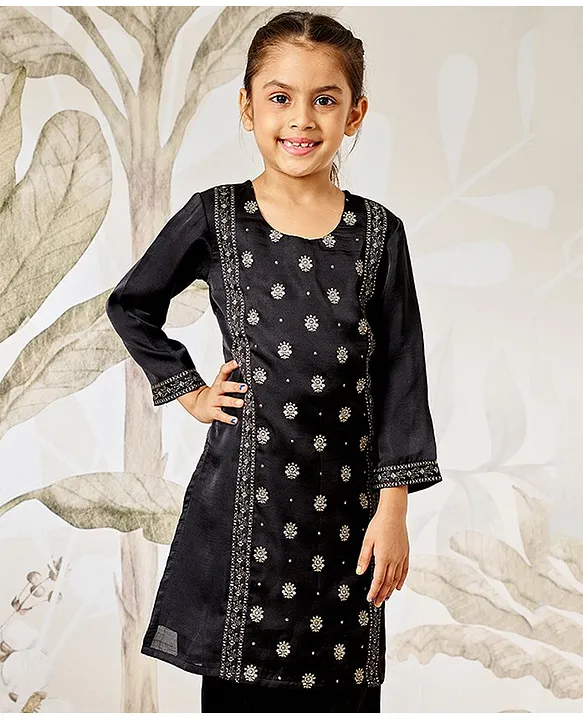 Silk Woven Three Fourth Sleeves Ethnic Motif Foil Printed Kurta - Black