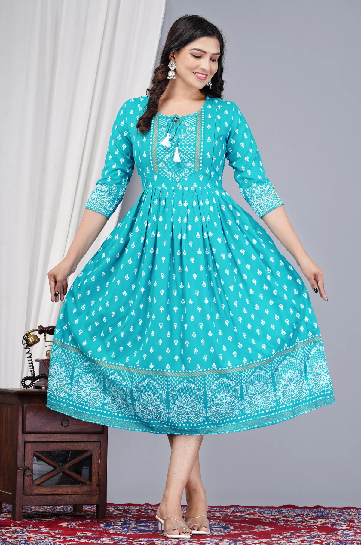 Classy Designer Women Embellished Viscose Rayon A-line Kurta (Light Blue, White)