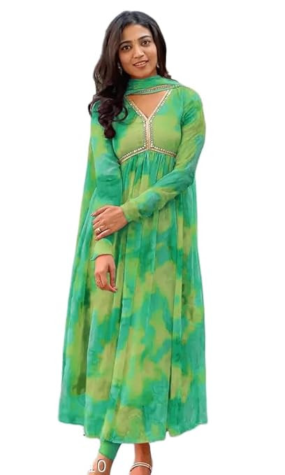Women's Elegant Anarkali Gown ? Floor-Length Ethnic Dress with Dupatta, Foil Print, and Round Neckline
