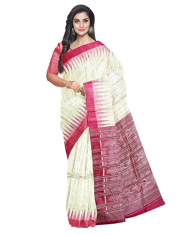 NUAPATANAPATA Women's Sambalpuri Tussar Silk Saree with Blouse Piece | Traditional Handloom Weave from Odisha With Ikkat Pallu and Temple Border | Ethnic Attire for Weddings, Pujas