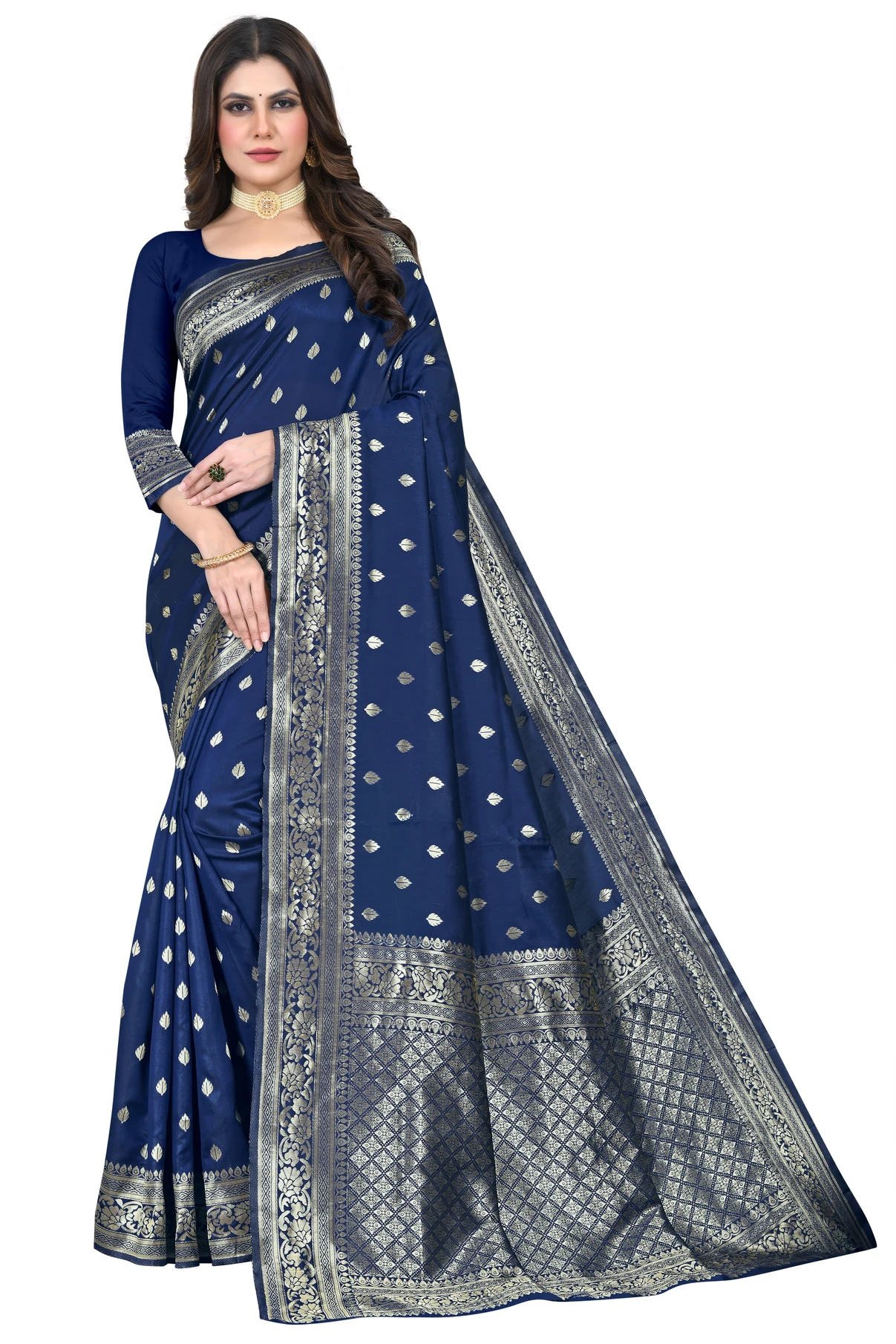 Shoppershopee Woven Kanjivaram Silk Blend Saree (Dark Blue)