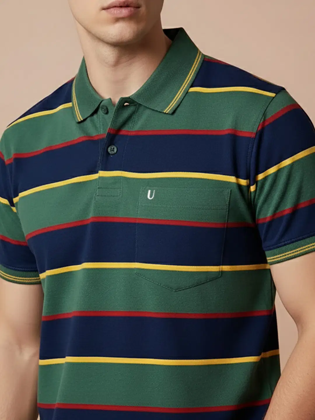 Men Cotton Blend Regular Fit Striped Polo T Shirt ( Olive )