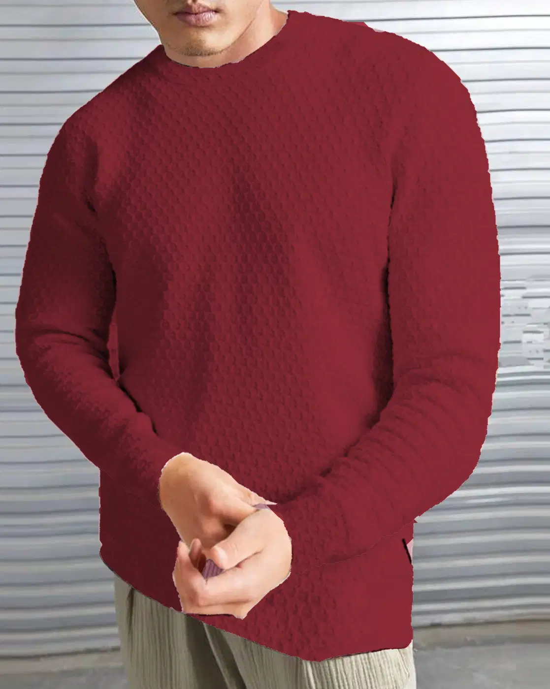 Polyester Regular Fit Self Design Full Sleeves Men's Round T-Shirt - Maroon ( Pack of 1 )