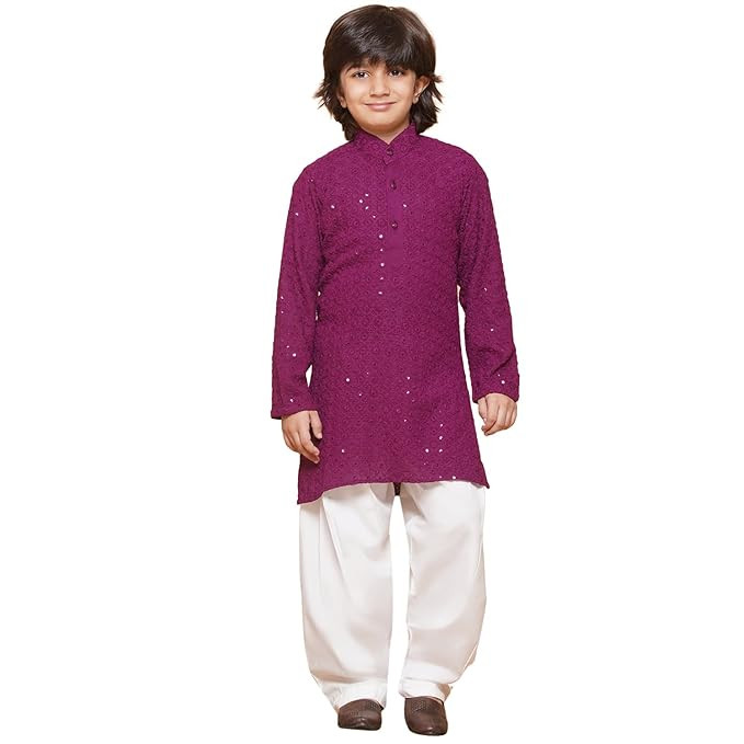 AJ DEZINES Boys Ethnic Kurta Pajama Set | Cotton Full Sleeve Chikankari Kurta with Sequins | Traditional & Festive Outfit | Mandarin Collar, Regular Fit | Special Occasion Outfit for Kids