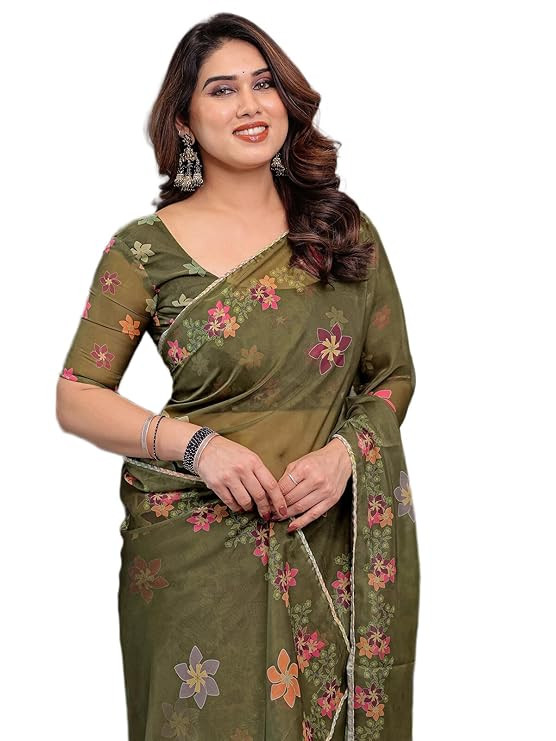 Women's Organza Printed Saree with Unstitched Blouse Piece