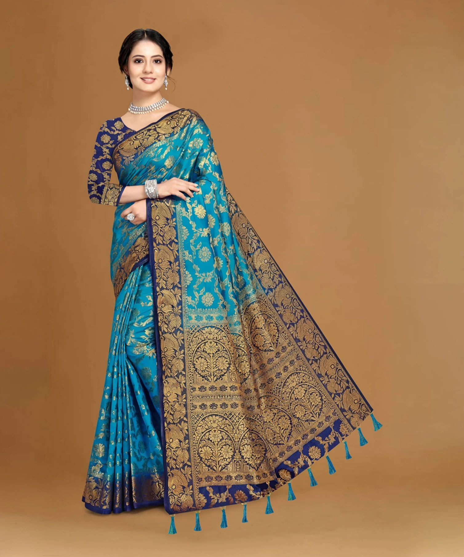 COSBILA FASHION Woven Banarasi Cotton Silk Saree (Blue)