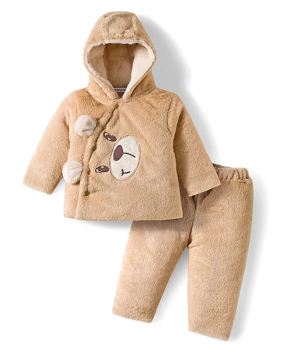 Velour Knit Full Sleeves Hooded Fur Winter Wear Suit with Patch Detailing & Ear Applique - Brown