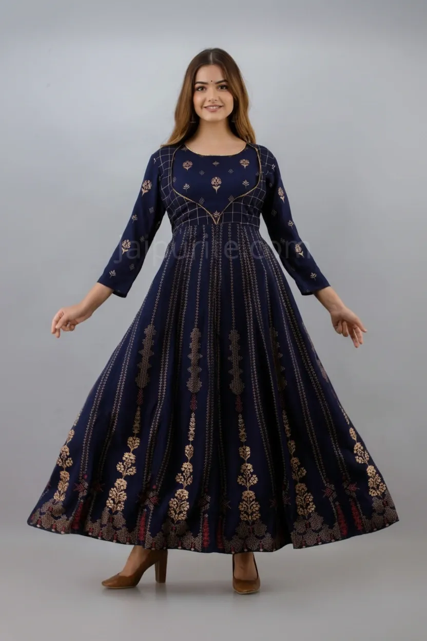 Long Gown Navy Blue Printed Rayon – Elegant Ethnic Wear for Women