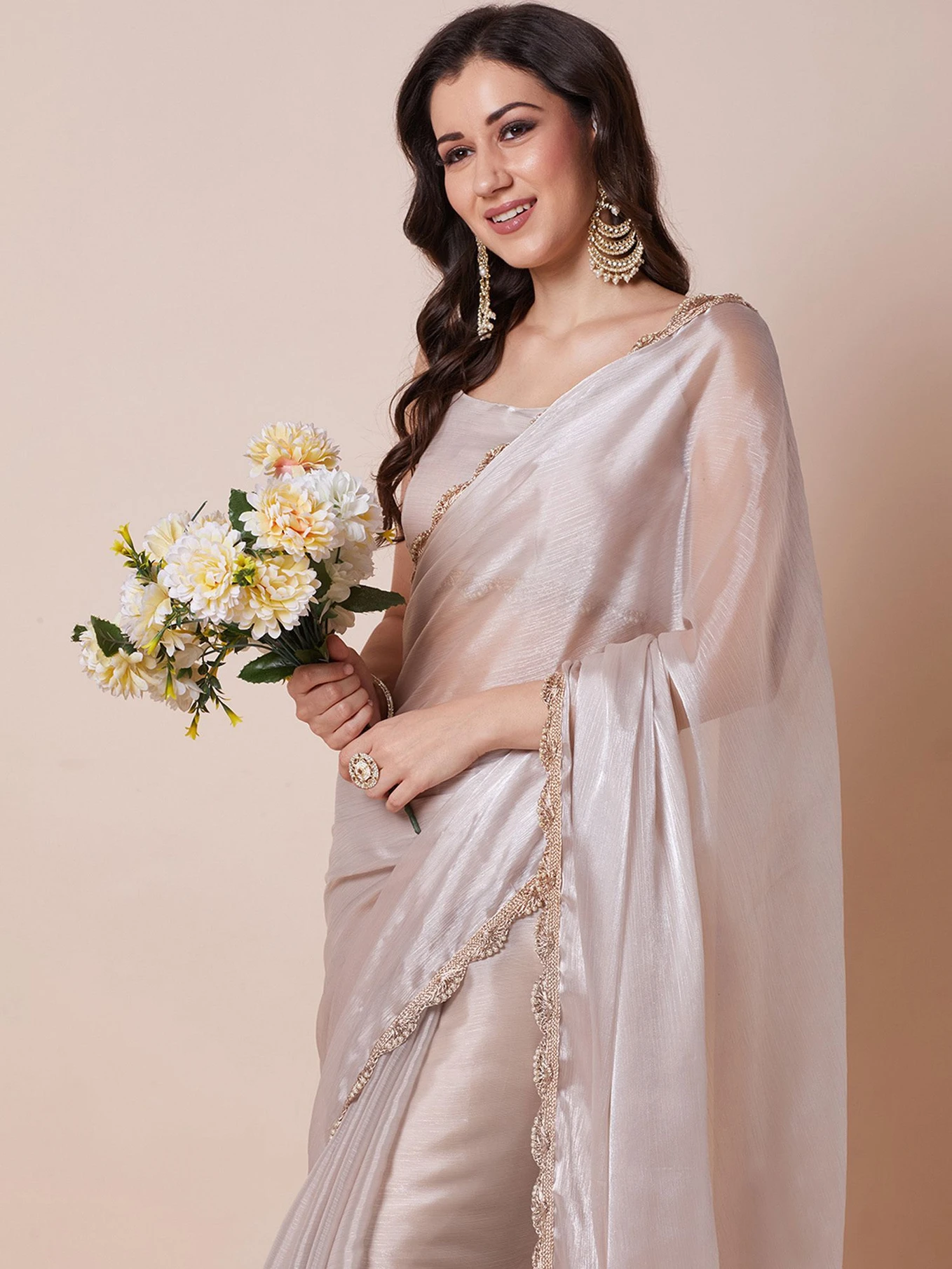 House of Pataudi Embellished Bollywood Organza Saree (Cream)