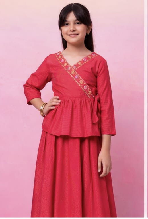 Dark Pink Embroidered Neck Angrakha Top