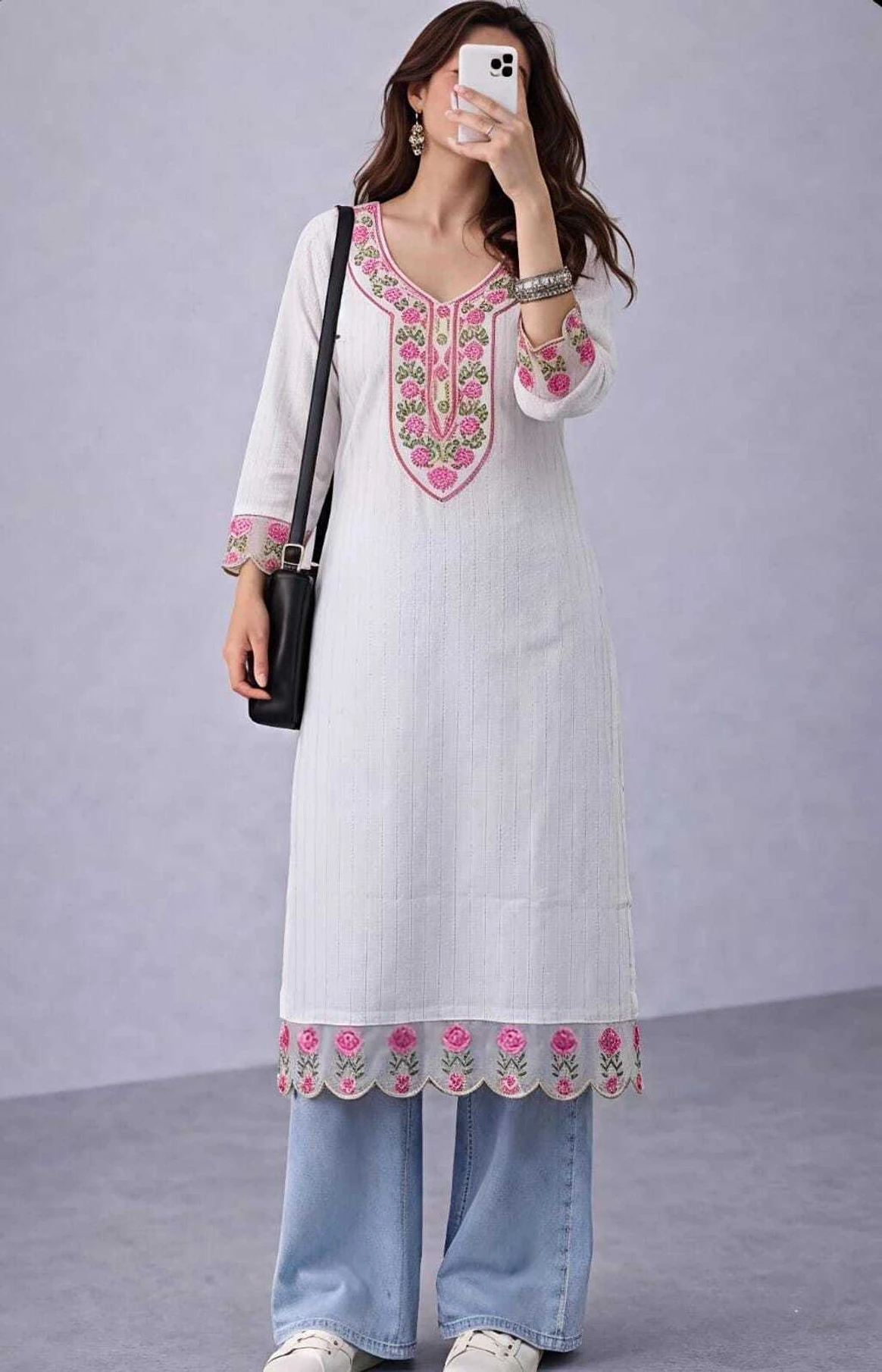 Women Embroidered Cotton Blend Straight Kurta (White)