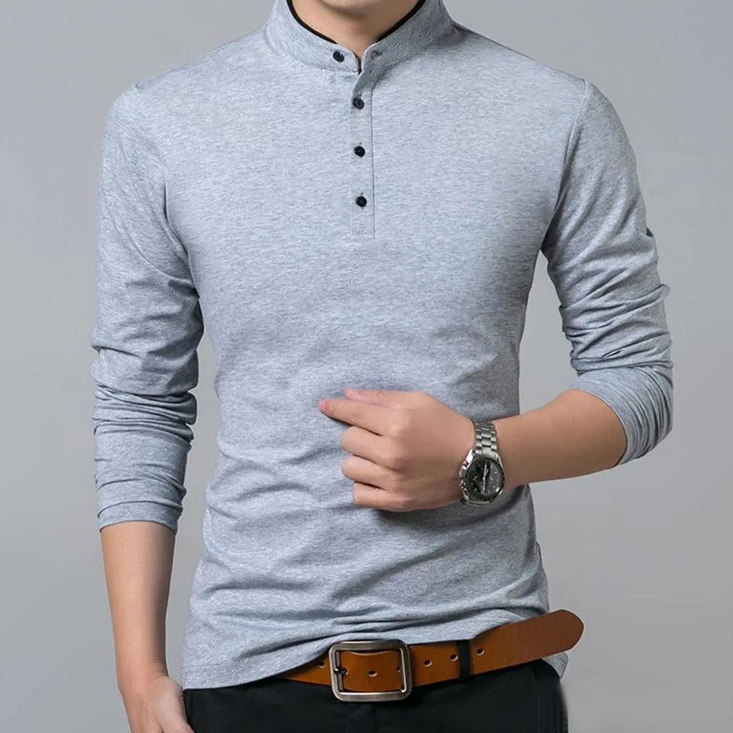 Cotton Regular Fit Solid Full Sleeves Men's Mandarin Collar T-Shirt - Grey ( Pack of 1 )
