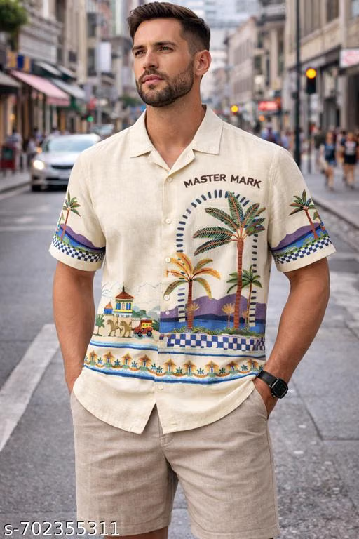 Cotton Blend Regular Fit Printed Half Sleeves Men's Casual Shirt - Cream