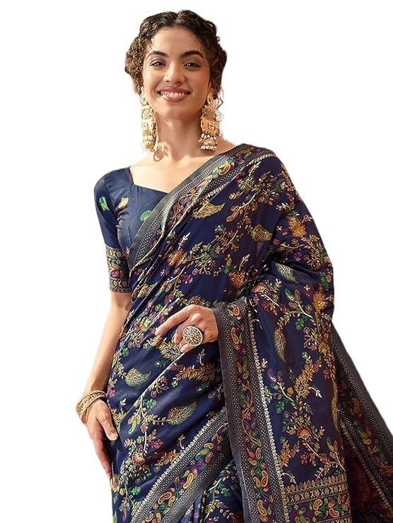 Women's Silk Kashmiri Minakari Jacquard Saree with Unstitched Blouse Piece