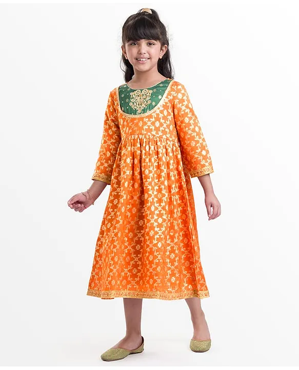 Brocade Woven Three Fourth Sleeves Ethnic Dress with Floral Foil Print - Rust Orange