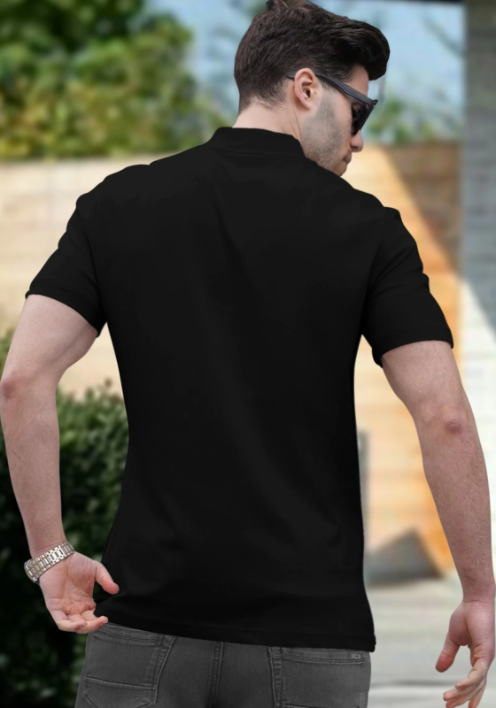 Solid Mandarin Collar Cotton Blend Black T-Shirt