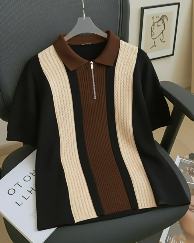 Men Cotton Blend Regular Fit Striped Polo T Shirt ( Coffee )