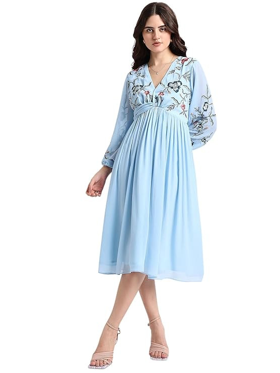 Amazon Brand - INKAST Women Embroidered V-Neck Chiffon Dress for Women |Perfect for Casual and Semi-Formal Occasions