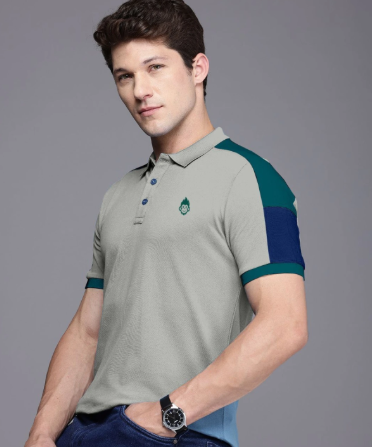 Men Self Design Polo Neck Pure Cotton Grey T-Shirt