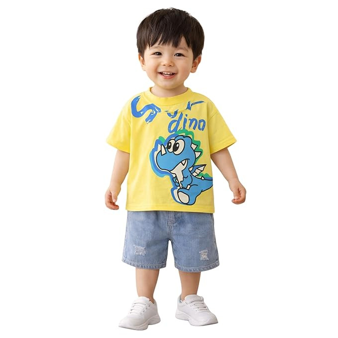 R.G Kids Dress | Cotton Kids Clothes for Boys | Dinosaur Printed Half Sleeve T-shirt and Denim Shorts Baby Clothes | Casual Summer Clothes for Baby Boy