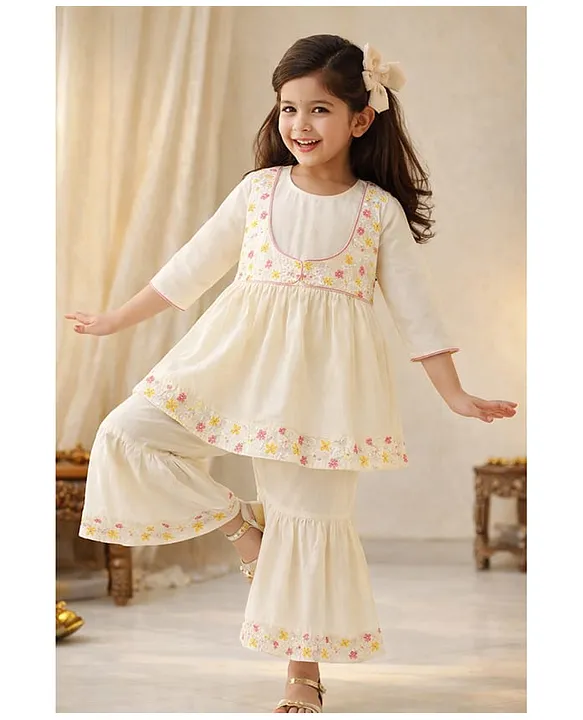 Tales & Stories Woven Three Fourth Sleeves Floral Embroidered Top & Sharara Set - Off White
