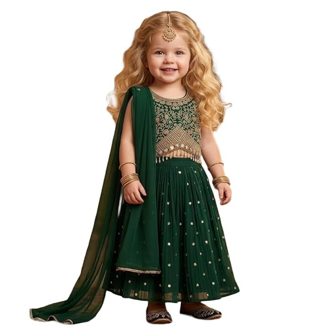 A.T.U.N. (ALL THINGS UBER NICE) Zardozi Thread Work Embroidered 3 Piece Crinkled Lehenga Set with Dupatta and Padded Choli Top for Girls | Designer Festive Ethnic Wear Outfit