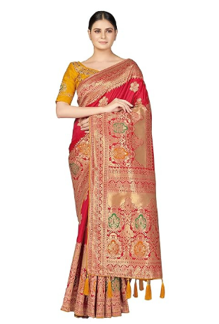 Monjolika Fashion Women's Woven Silk Saree in Rani Pink With Blouse Piece.