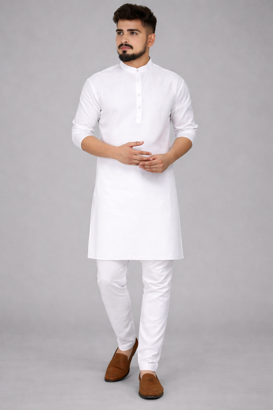 Men Solid Cotton Blend Straight Kurta (White)