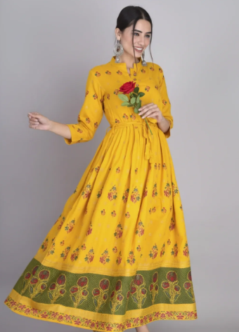 Anarkali Dress-Long Gown kurti in Rayon with Pleted waist and wooden Buttons