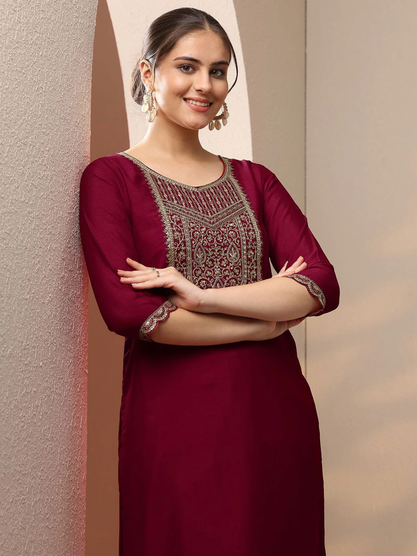 Punky Women Embroidered, Embellished Silk Blend A-line Kurta (Maroon)