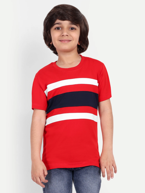 Boys Striped Pure Cotton Regular T Shirt (Red, Pack of 1)